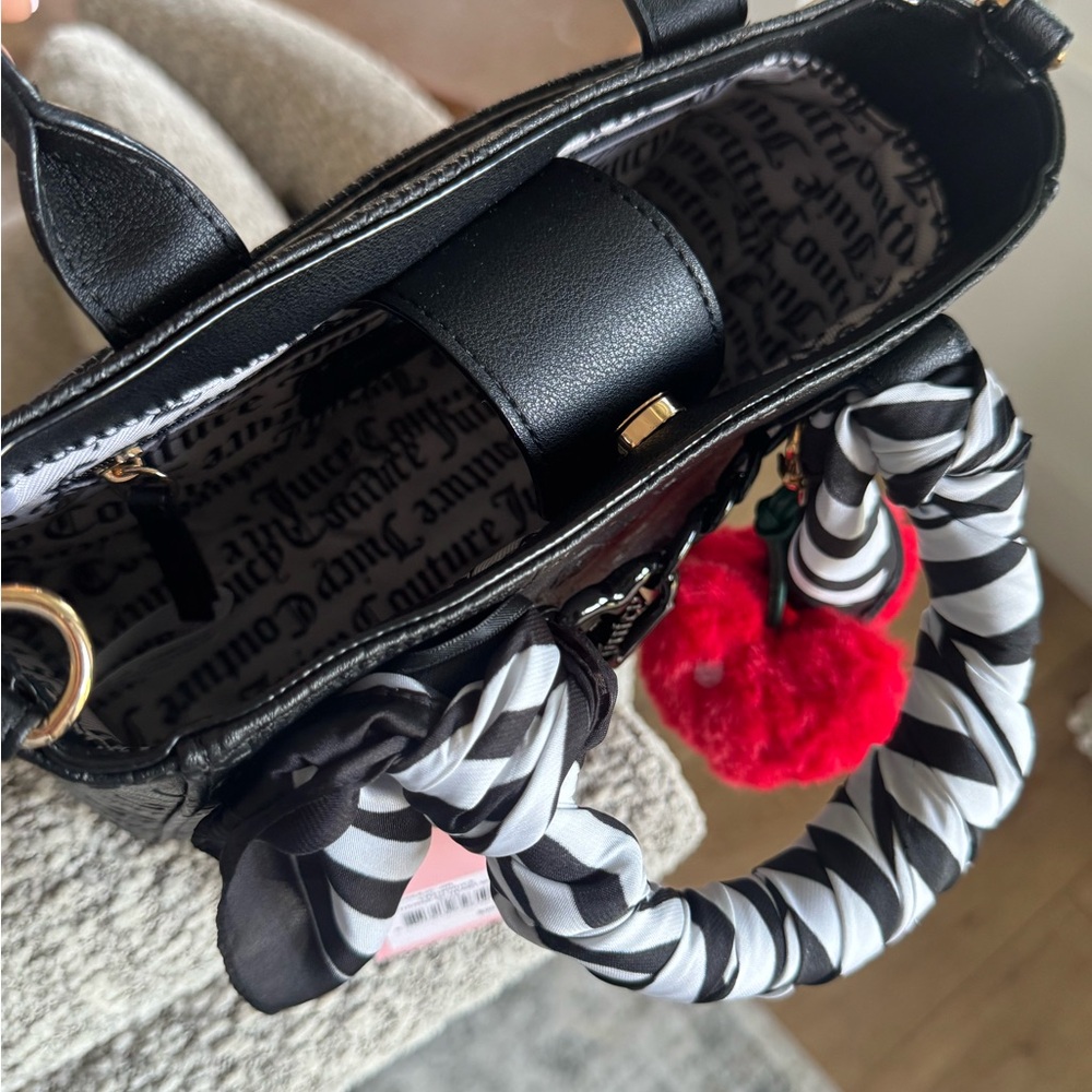 Juicy Couture Black Logo Embossed Tote Bag w/ Scarf & Heart Charm 🖤🍒 - Picture 7 of 8